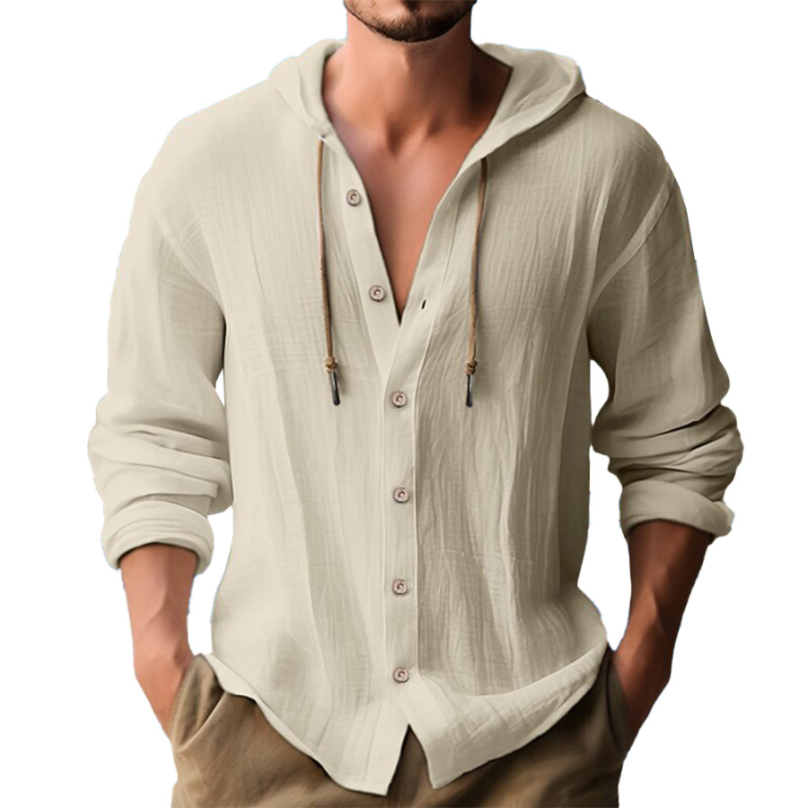 

Мужская однотонная рубашка из хлопка и льна с капюшоном и длинными рукавами на пуговицах