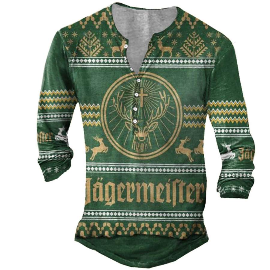 

Men's T-Shirt Henley Jagermeister Ugly Christmas Long Sleeve Daily Tops