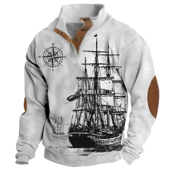 Men's Sweatshirt Vintage Nautical Sailing Compass Stand Collar Buttons Colorblock Daily Tops - Kalesafe.com 