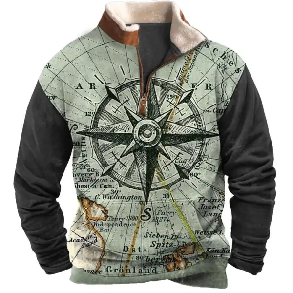 Men's Sweatshirt Quarter Zip Nautical Map Compass Plush Collar Vintage Daily Tops - Kalesafe.com 