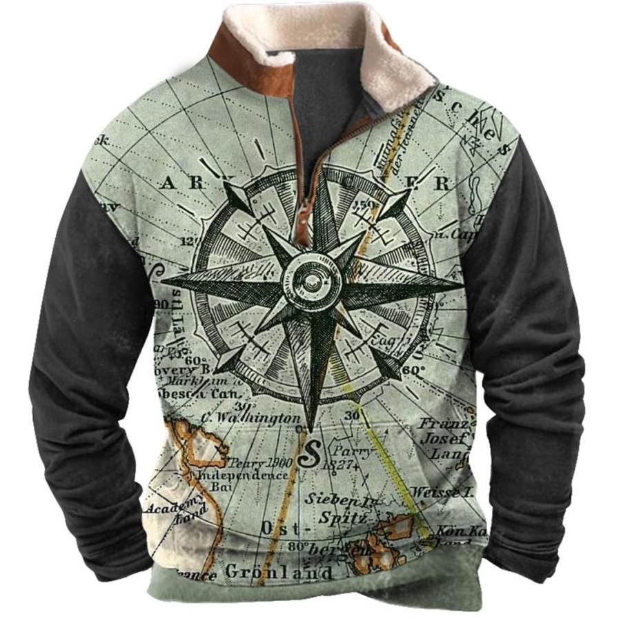 

Men's Sweatshirt Quarter Zip Nautical Map Compass Plush Collar Vintage Daily Tops
