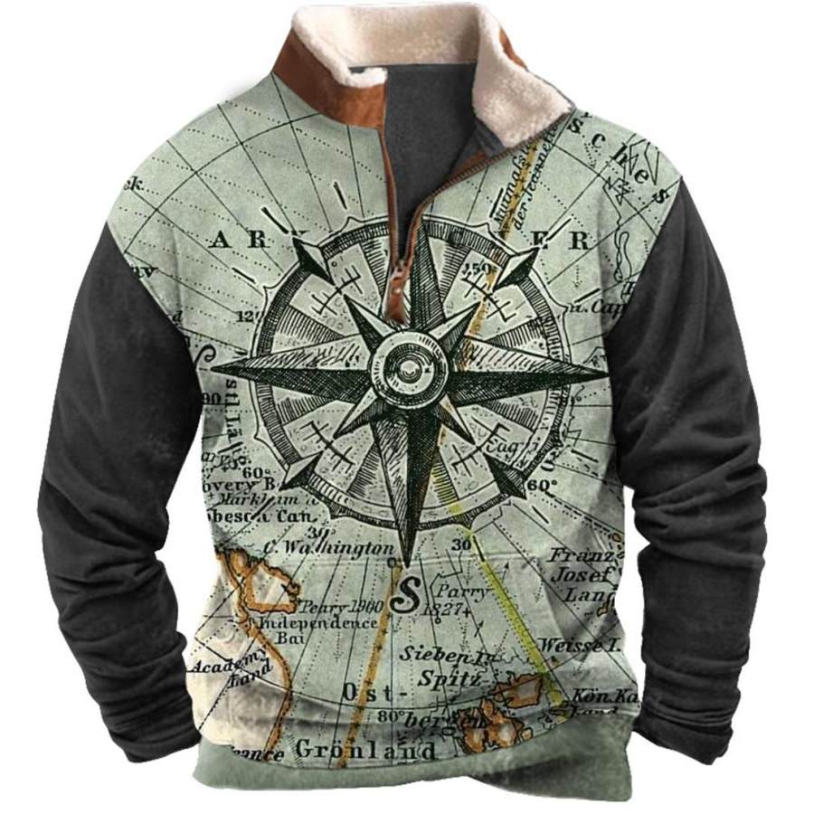 

Sudadera Para Hombre Con Cremallera De Un Cuarto Mapa Náutico Brújula Cuello De Felpa Tops Diarios Vintage