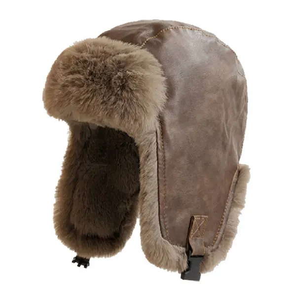Outdoor Motorcycle Retro Thickened PU Leather Plush Ear Protection Hat - Cotosen.com