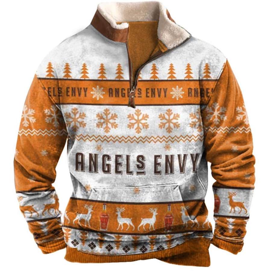 

Men's Sweatshirt Angel's Envy Whiskey Ugly Christmas Plush Collar Quarter Zip Vintage Daily Tops