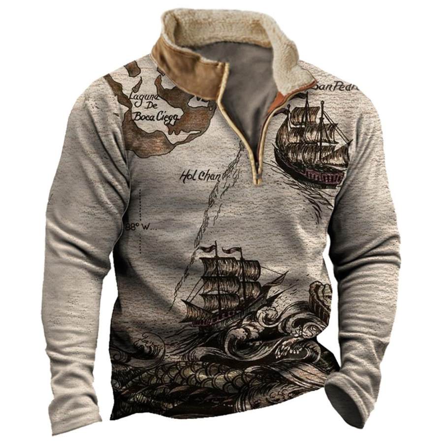 

Herren-Sweatshirt Vintage-Stil Nautisches Segeln Viertelreißverschluss Plüschkragen Tägliche Oberteile