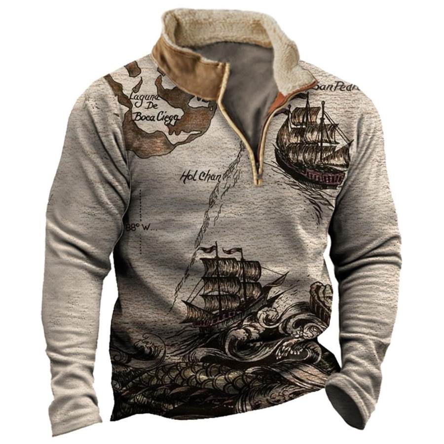 

Men's Sweatshirt Vintage Nautical Sailing Quarter Zip Plush Collar Daily Tops