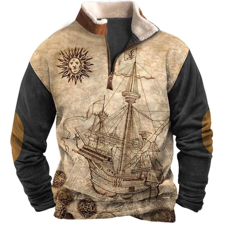 

Men's Sweatshirt Quarter Zip Nautical Sailing Sun Plush Collar Vintage Daily Tops
