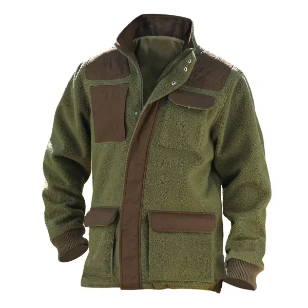 Men's Vintage Fleece Heavy Warm Contrast Color Multi-Pocket Jacket Coat - Cotosen.com