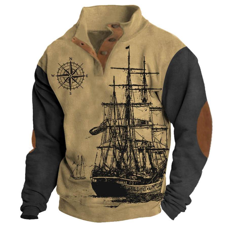 

Herren-Sweatshirt Vintage-Stil Nautischer Segelkompass Stehkragen Knöpfe Farbblock Alltagsoberteile