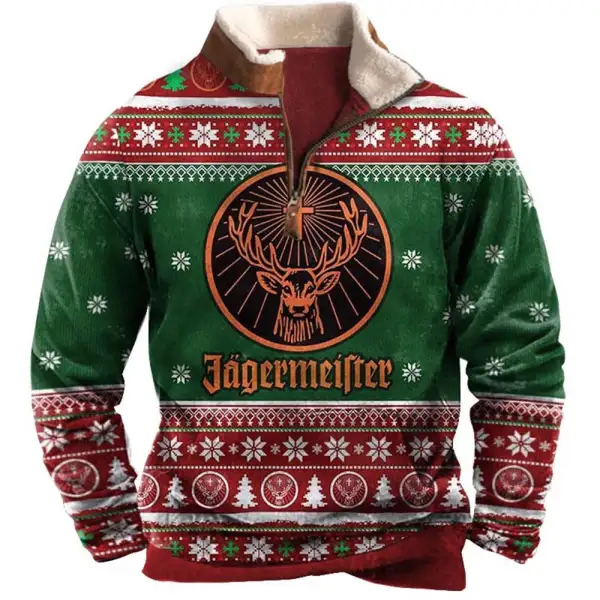 Men's Sweatshirt Jagermeister Ugly Christmas Plush Collar Quarter Zip Vintage Daily Tops - Cotosen.com