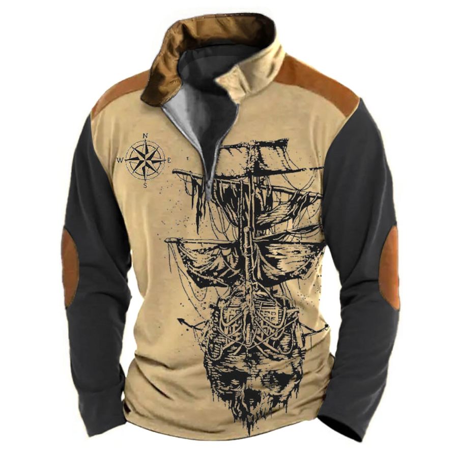 

Herren Vintage Nautical Sailing Compass Colorblock Langarm-T-Shirt Mit Reißverschluss Und Stehkragen