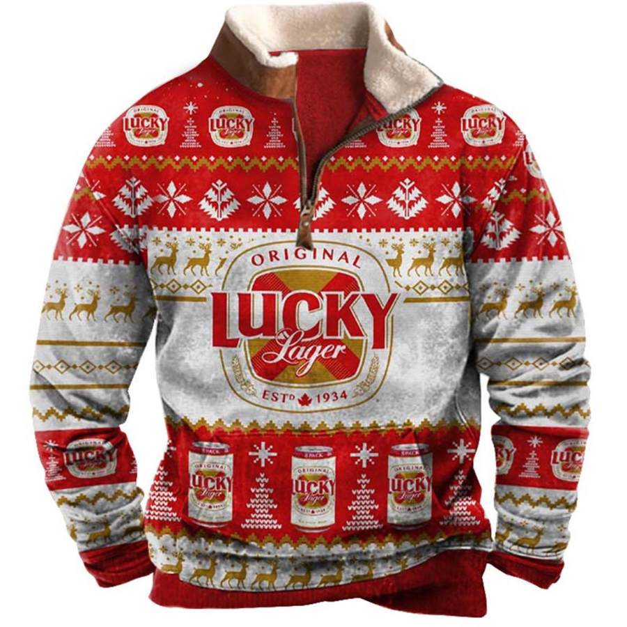 

Мужская толстовка Lucky Lager Ugly Christmas с плюшевым воротником и молнией на четверть винтажные повседневные топы
