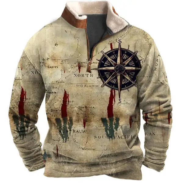 Men's Sweatshirt Quarter Zip Nautical Map Compass Plush Collar Vintage Daily Tops - Kalesafe.com 