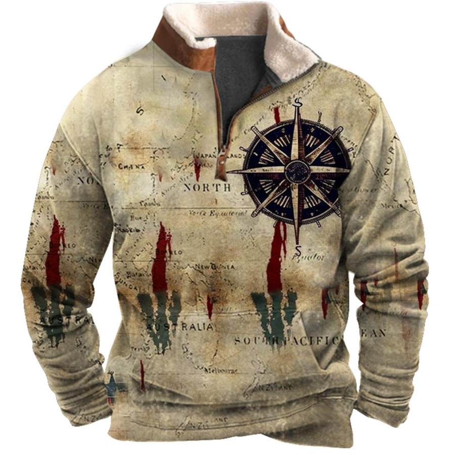 

Men's Sweatshirt Quarter Zip Nautical Map Compass Plush Collar Vintage Daily Tops