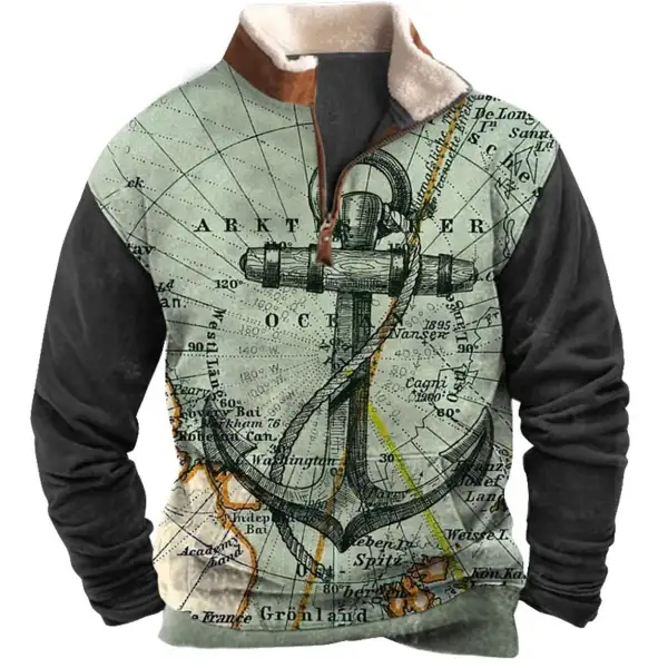 Men's Sweatshirt Quarter Zip Nautical Map Anchor Plush Collar Vintage Daily Tops - Kalesafe.com 