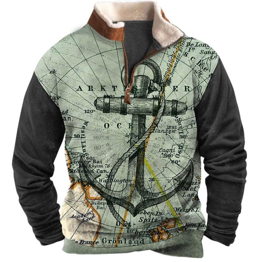 

Men's Sweatshirt Quarter Zip Nautical Map Anchor Plush Collar Vintage Daily Tops