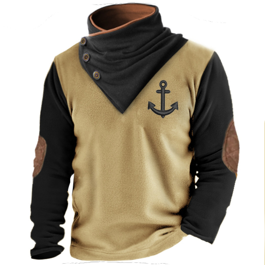 

Men's Fleece Nautical Anchor Embroidery Shawl Stand Collar Sweatshirt Sweatshirt Outdoor Stand Collar Thick Tactical Fle