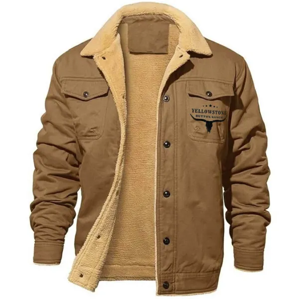 Men's Retro Western Yellowstone Print Fleece Cotton Work Casual Jacket - Cotosen.com