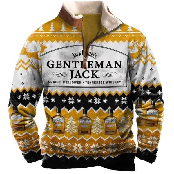 Men's Sweatshirt Gentleman Jack Daniels Ugly Christmas Plush Collar Quarter Zip Vintage Daily Tops - Cotosen.com