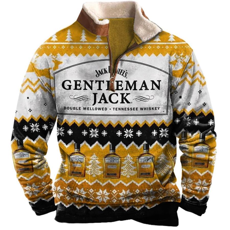 

Herren-Sweatshirt Gentleman Jack Daniels Ugly Christmas Plüschkragen Viertelreißverschluss Vintage Daily Tops