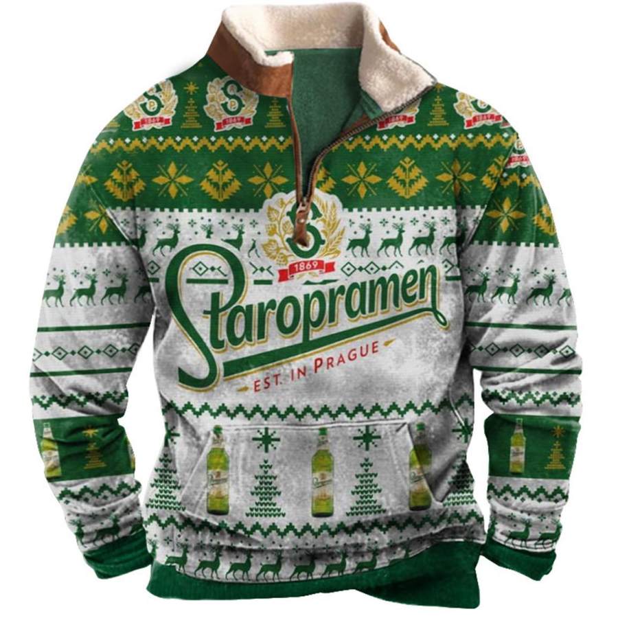 

Men's Sweatshirt Staropramen Ugly Christmas Plush Collar Quarter Zip Vintage Daily Tops