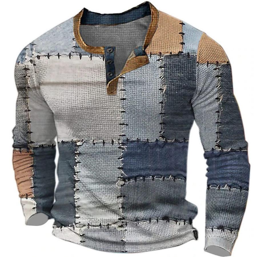 

Plaid Patchwork Diseñador Retro Vintage Casual Hombres 3 Henley Shirt Waffle Camiseta Deportes Al Aire Libre Ropa De Manga Larga