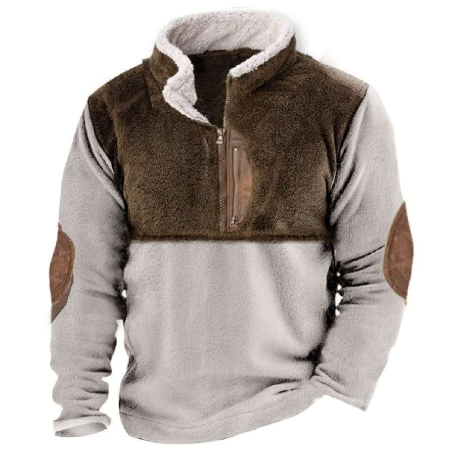 

Herren-Fleece-Sweatshirt Mit 1/4-Reißverschluss Outdoor-Stehkragen Kontrast-Wildleder-Ärmeleinsätze Dickes Taktisches Oberteil