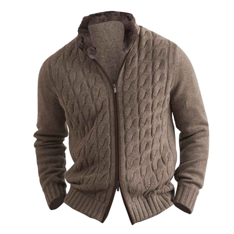 

Herren Vintage Zopfmuster Pelzkragen Stehkragen Warme Jacke Strickjacke