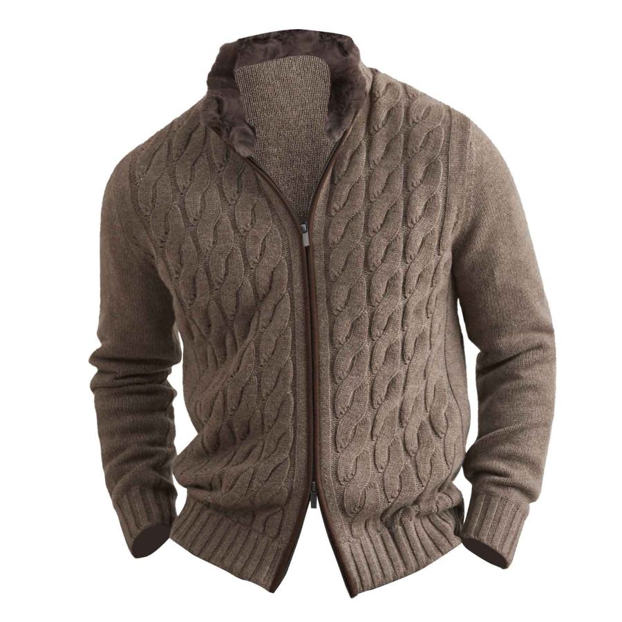 

Cárdigan De Chaqueta Cálida Con Cuello Levantado Y Cuello De Piel De Punto Trenzado Vintage Para Hombre