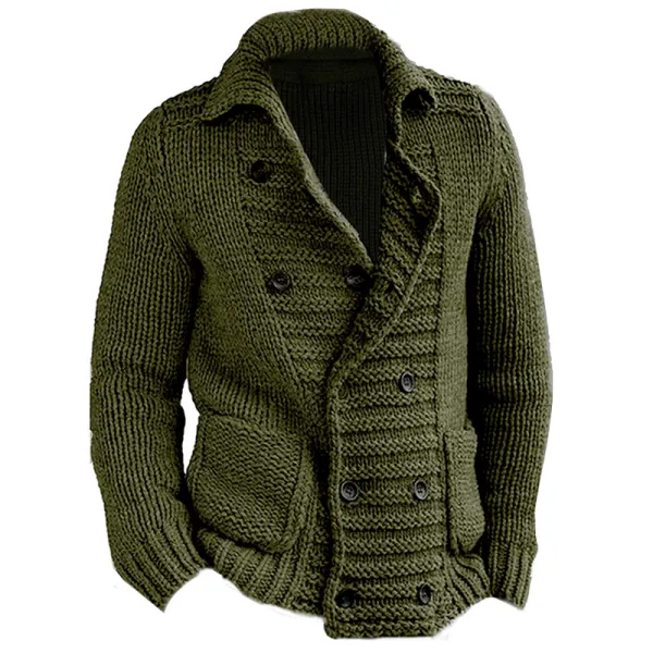 Men Double Breasted Cardigan Shawl Collar Sweater Coat Cable Knitted Button Down Slim Fit Plain Cardigans Tops - Cotosen.com