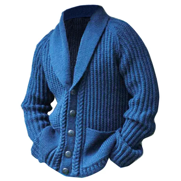 Men Shawl Collar Sweater Coat Cable Knitted Button Down Slim Fit Plain