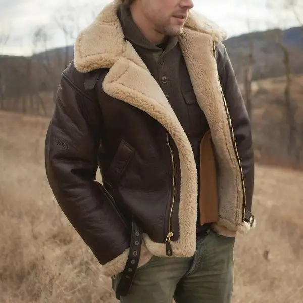Men's Outdoor Vintage Thick Fleece PU Jacket - Fineyoyo.com 