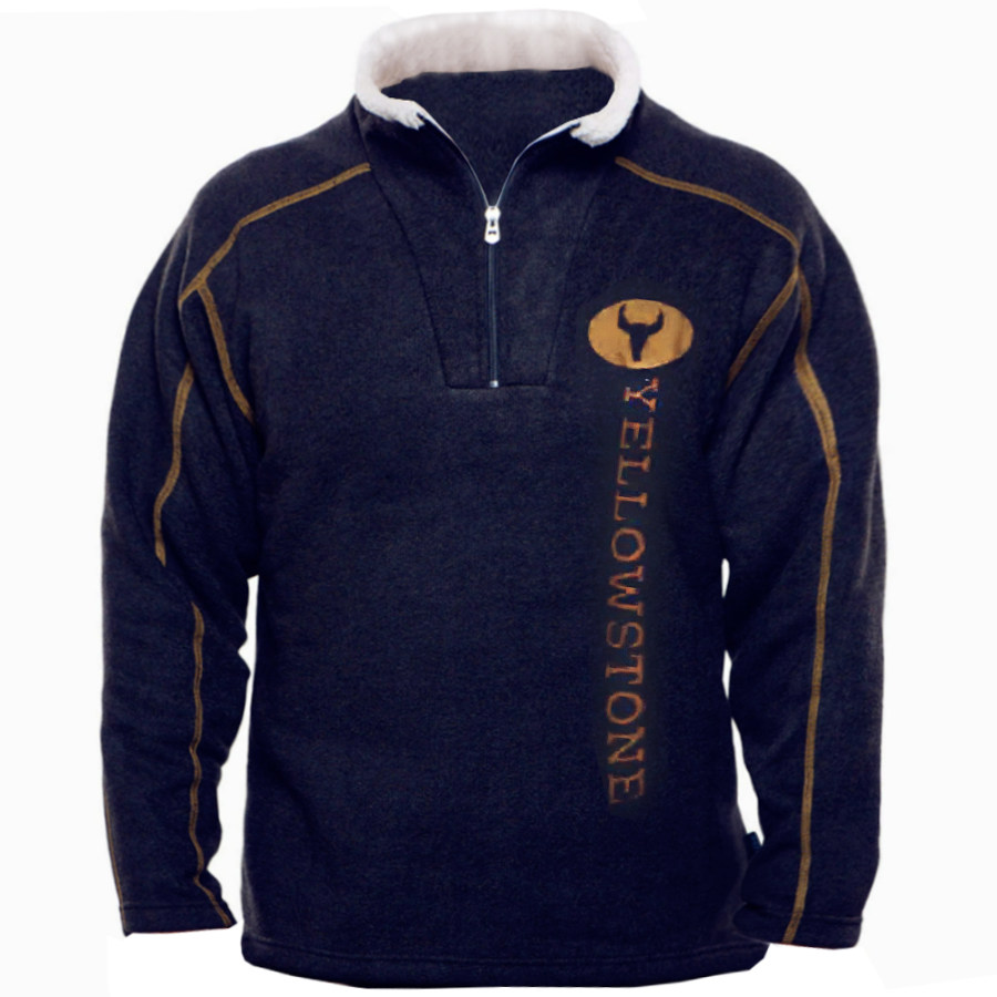 

Outdoor-Sweatshirt Mit Retro-Yellowstone-Aufdruck Aus Fleece Mit Reißverschluss Und Stehkragen Für Herren