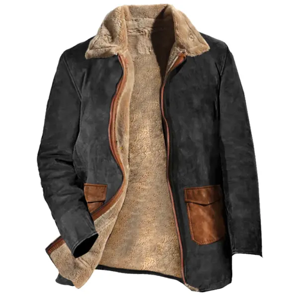 Men's Vintage Suede Blazer Lapel Plus Fleece Mid-length Coat - Cotosen.com