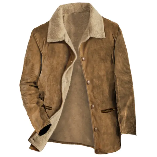 Men's Vintage Corduroy Blazer Lapel Plus Fleece Mid-length Coat - Cotosen.com