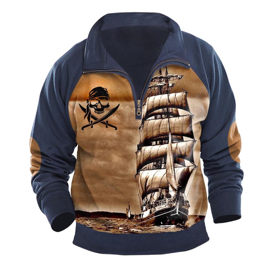 

Мужская толстовка в винтажном стиле с пиратским кораблем и воротником-стойкой с молнией на четверть контрастные повседневные топы