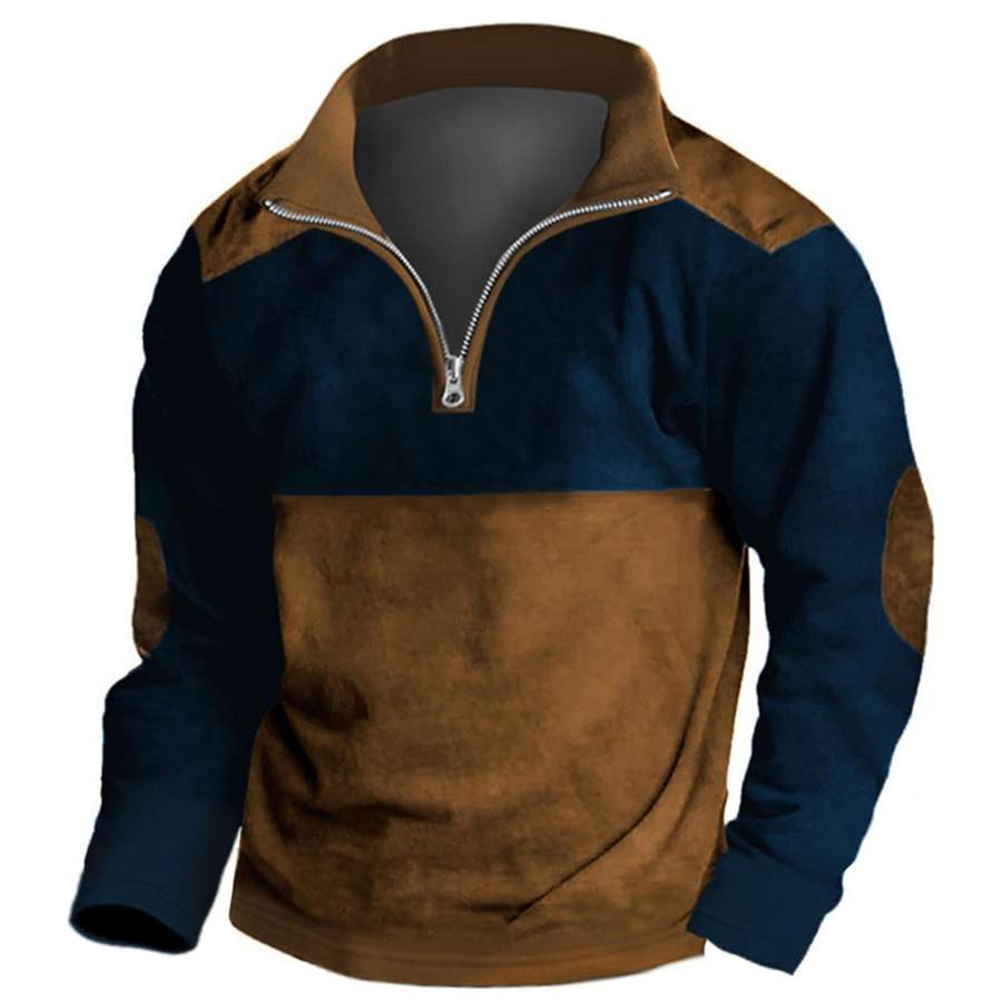 

Sudadera Para Hombre Con Cremallera De Un Cuarto Vintage Colorblock Cuello Alto Tops Diarios