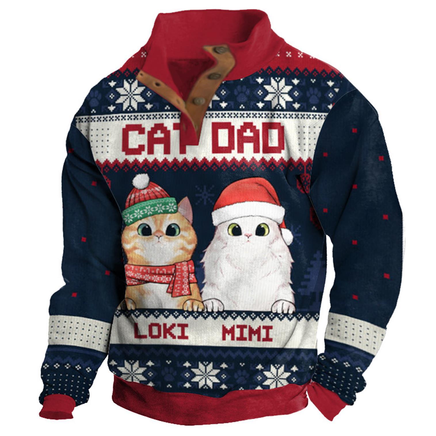 Men's Sweatshirt Cat Dad Christmas Buttons Stand Collar Daily Tops