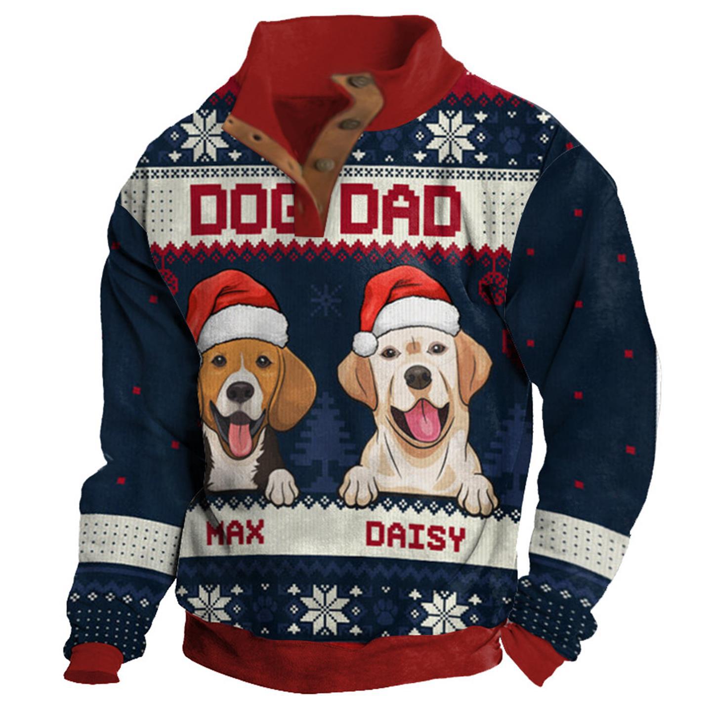 Men's Sweatshirt Dog Dad Christmas Buttons Stand Collar Daily Tops