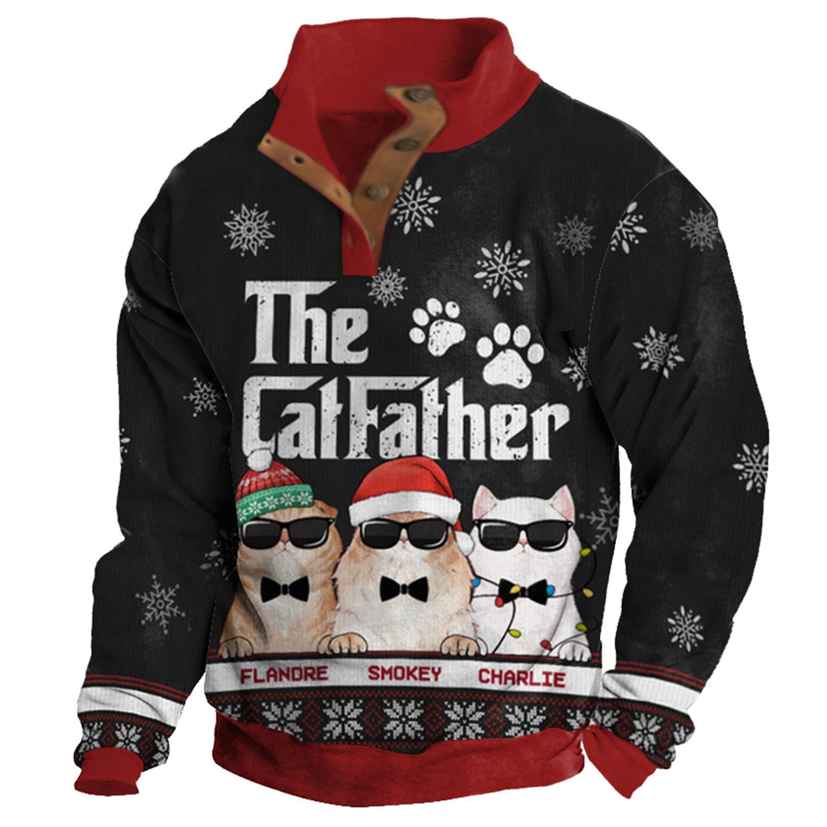 Men's Sweatshirt The Cat Father Christmas Buttons Stand Collar Daily Tops