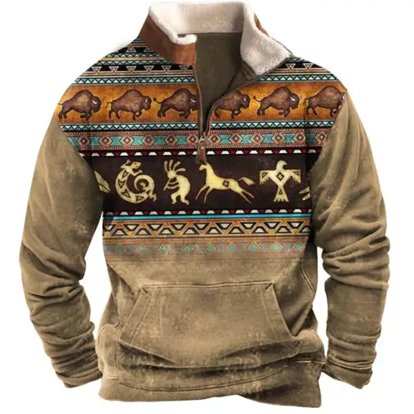 Men's Sweatshirt Ethnic Aztec Plush Collar Quarter Zip Vintage Daily Tops - Kalesafe.com 