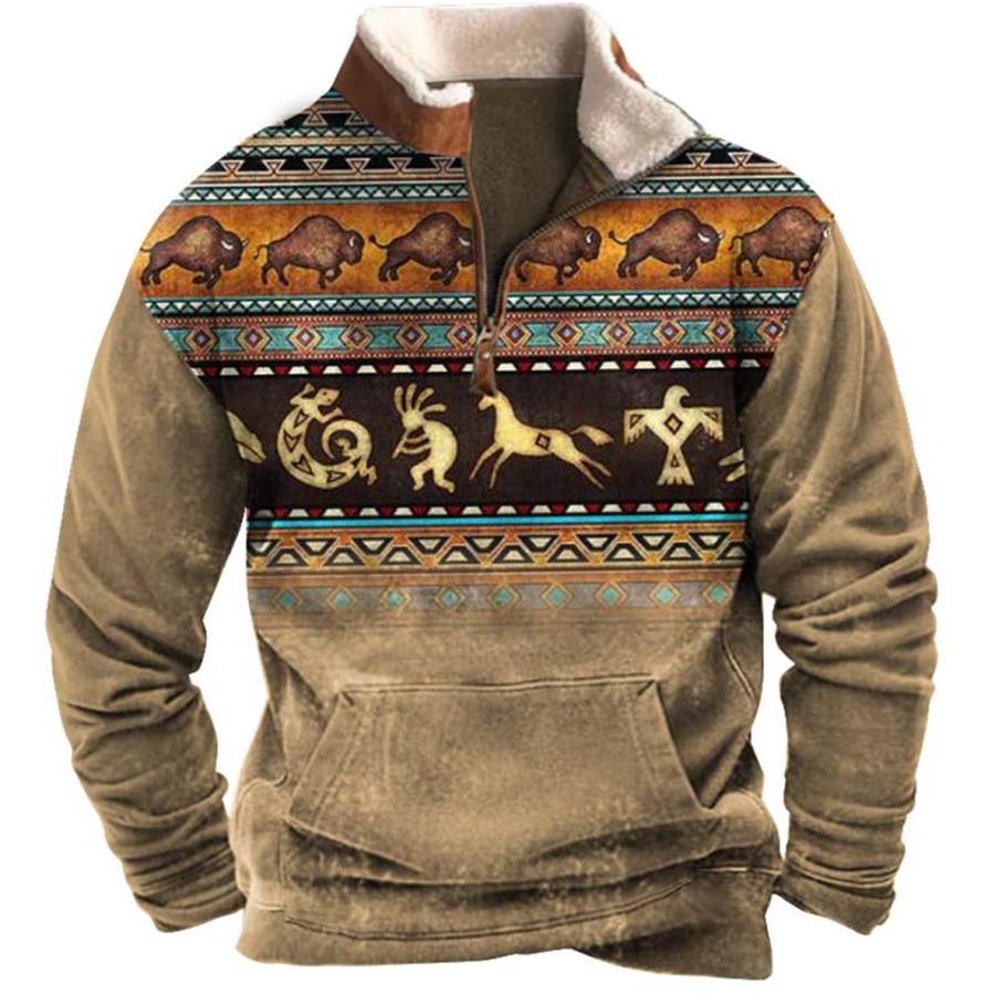 

Sudadera Para Hombre Con Cuello De Felpa étnico Azteca Y Cremallera De Un Cuarto Tops Diarios Vintage