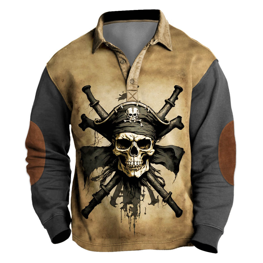 

Men's Sweatshirt Vintage Nautical Pirate Skull Polo Collar Colorblock Daily Tops