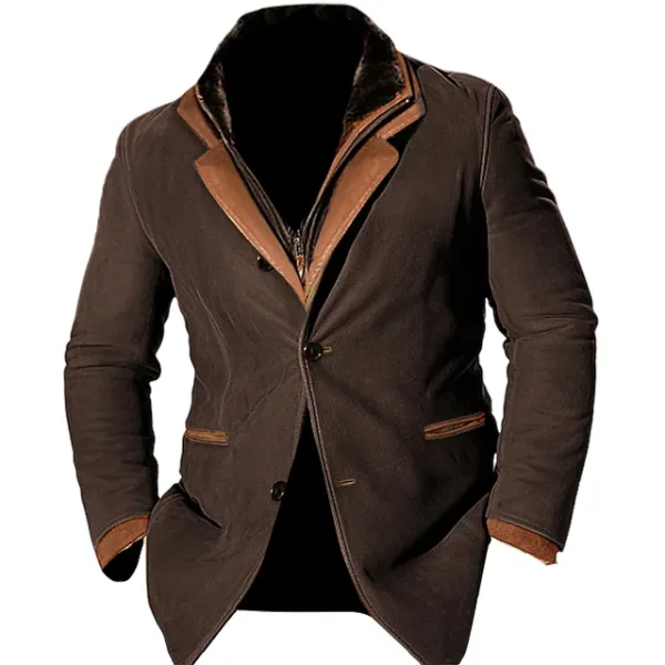 Suede Patchwork Men's Jacket Vintage Fleece Suede Jackets Fall Winter Outdoor Daily Blazer Double Layer Lapel Fur Leathe - Cotosen.com