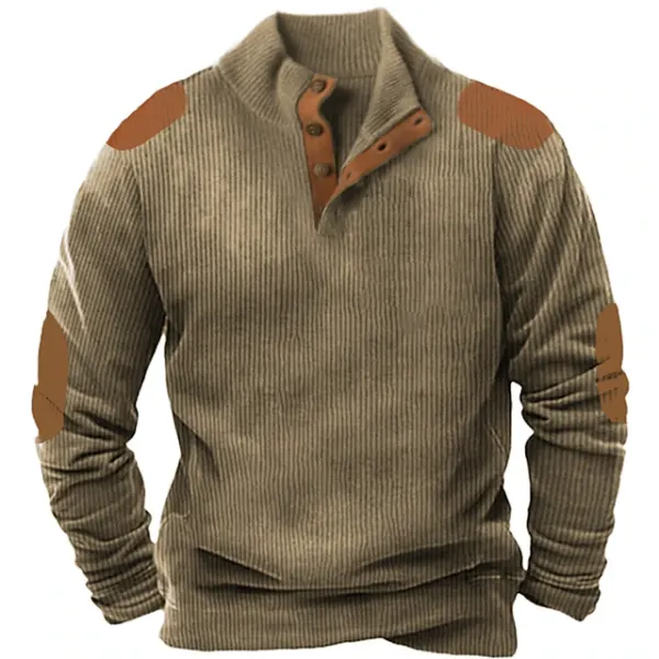 Suede Patchwork Men's Henley Stand Collar Sweatshirt Corduroy Thick Pullover - Cotosen.com