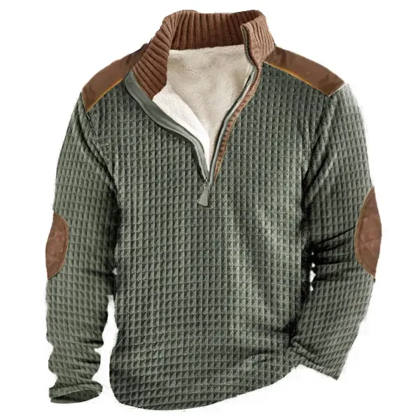 Men's Waffle Sweatshirt 1/4 Henly Zip Fleece Sweatshirt Outdoor Stand Collar Thick Tactical Top - Cotosen.com