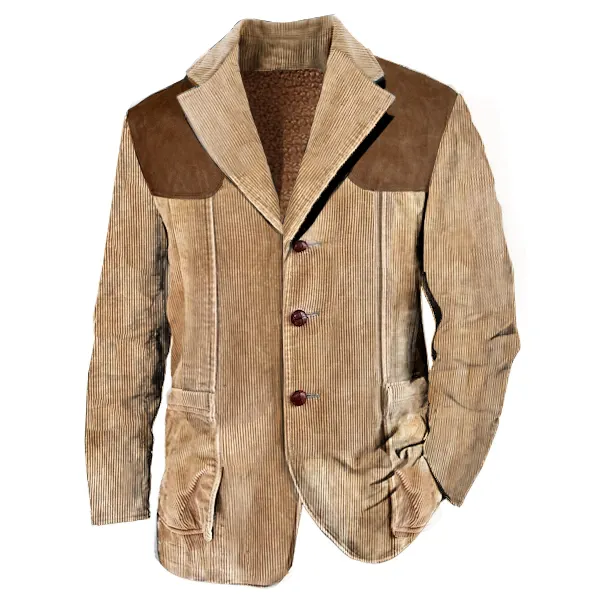 Men 70's Corduroy Duck Hunting Jacket Corduroy Blazer Jacket Vintage Suede Panels Fleece Lining Medium Length Jackets - Cotosen.com