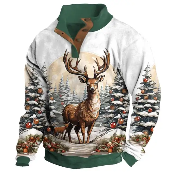 Men's Sweatshirt Christmas Tree Deer Buttons Stand Collar Daily Tops - Cotosen.com