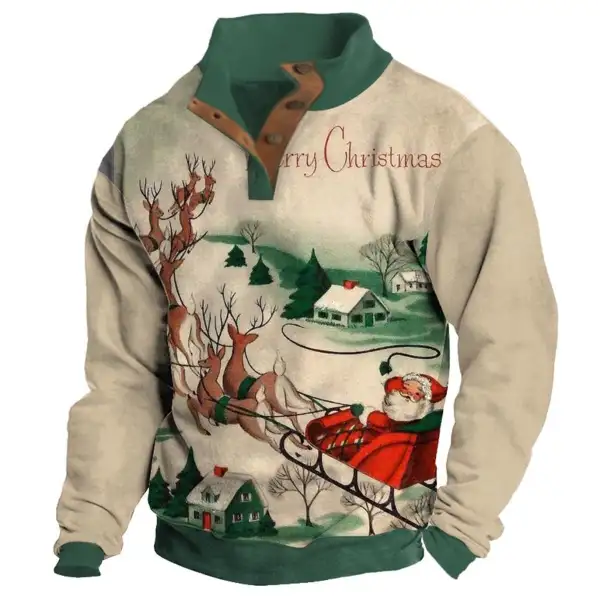 Men's Sweatshirt Santa Claus Reindeer Christmas Buttons Stand Collar Daily Tops - Cotosen.com
