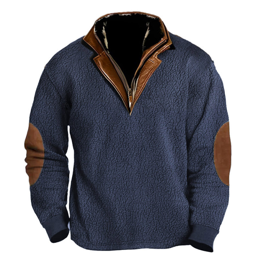 

Sudadera Para Hombre Vintage Fleece Cremallera Piel Cuello De Cuero Colorblock Tops Diarios